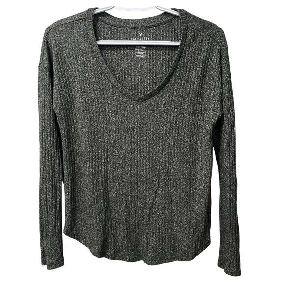 American Eagle Soft & Sexy Ribbed Long Sleeve V-Neck Green Small - Picture 2 of 7
